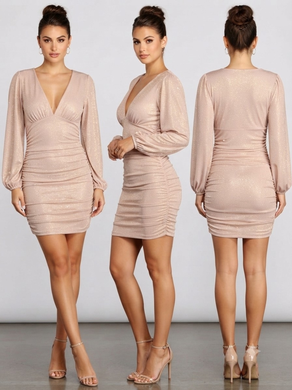 Windsor Shimmer V-Neck Ruched Long Sleeve Bodycon Dress Blush Pink Medium